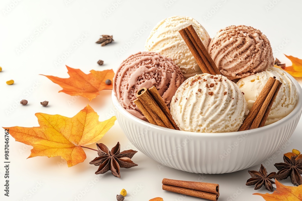 Ice cream bowl with spices and autumn leaves.