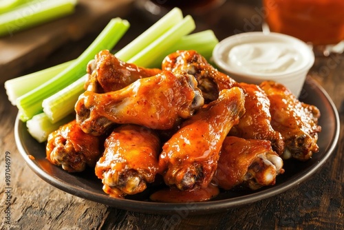 Delicious plate of spicy chicken wings served with celery sticks and ranch dressing, perfect for appetizers or game day.