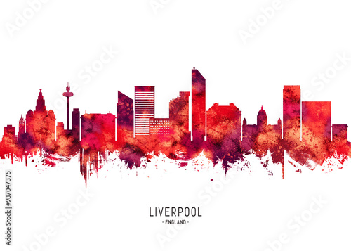 Red Watercolor Skyline of Liverpool, a maritime city in northwest England