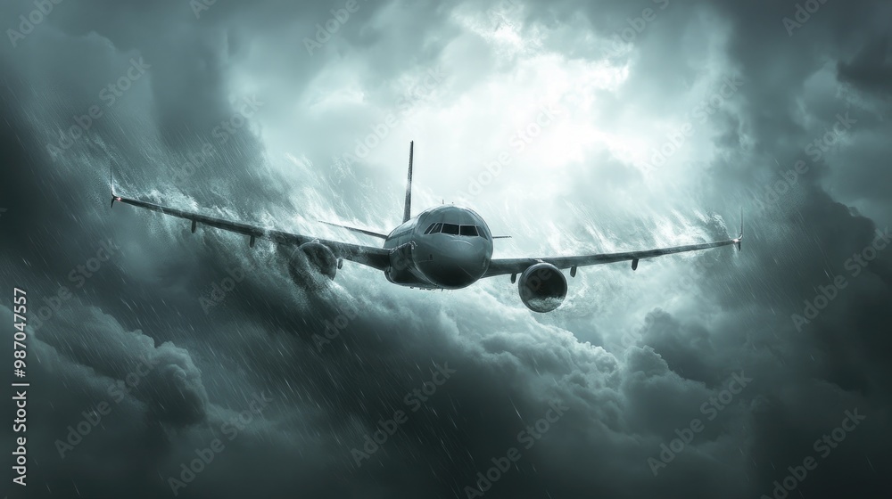 A tense moment as a plane flies through a turbulent storm, surrounded by ominous dark clouds and rain. A tense moment as a plane flies through a turbulent storm, surrounded by ominous dark clouds and rain.