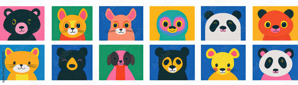 Fototapeta premium Colorful animal illustrations featuring bear, fox, rabbit, owl, panda, dog, cat, raccoon, and mouse in a playful, vibrant style.