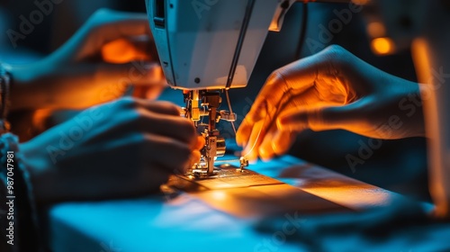 Close-up of skilled hands at a sewing machine, focusing on the intricate details of stitching and fabric under warm lighting. photo