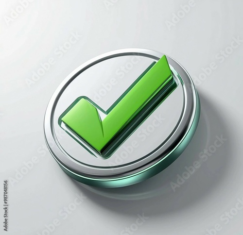 3d Green check mark button on white background photo