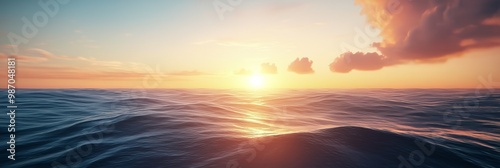 the sun sinks amidst the water's expanse, surrounded by clouds in the sky