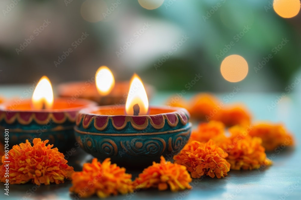 Three teal diyas glowing brightly, surrounded by vibrant orange marigold flowers and soft bokeh Three teal diyas glowing brightly, surrounded by vibrant orange marigold flowers and soft bokeh