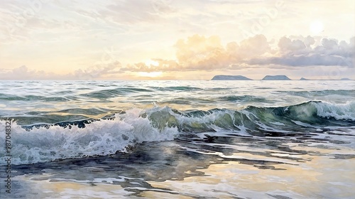  A calm ocean scene at sunrise, with gentle waves lapping against the shore. The soft morning light casts a golden glow across the water, creating a serene and tranquil seascape