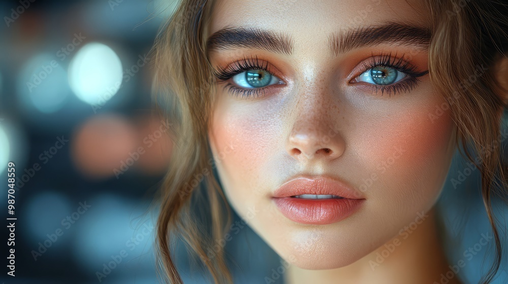 custom made wallpaper toronto digitalClose-up portrait of a woman with captivating blue eyes and natural makeup, showcasing beauty and elegance.