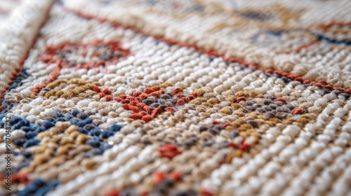 Close-Up Textured Weave of a Multicolored Wool Carpet