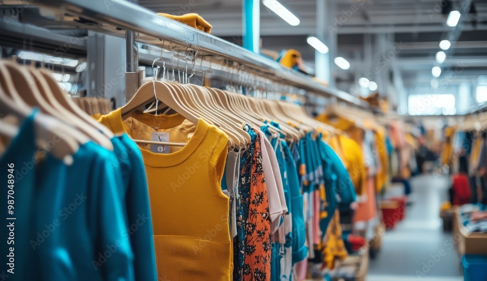 Colorful clothes on hangers in a modern clothing store, showcasing various styles in a well-organized retail environment. Colorful clothes on hangers in a modern clothing store, showcasing various styles in a well-organized retail environment.