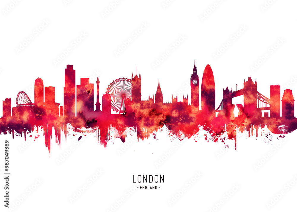 London England Skyline Red