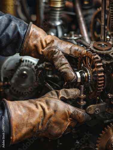 A man is working on a machine with his hands in his pockets. The machine has a lot of gears and the man is wearing leather gloves. The scene is set in a workshop or a garage