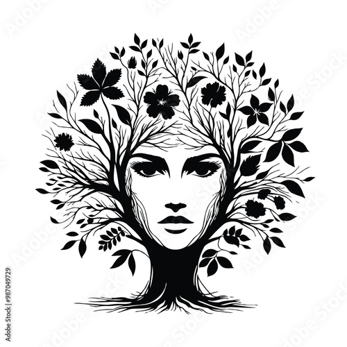 tree with female face silhouette vector design eps