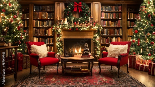 Traditional Christmas Library with Festive Bookends