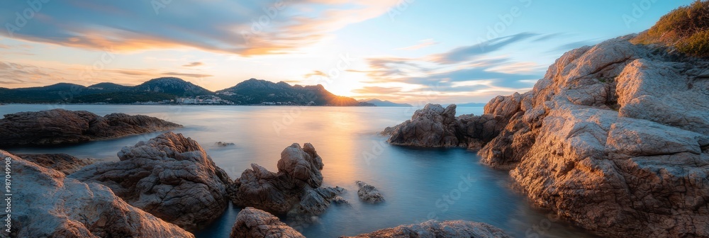 A scene of a tranquil body of water encircled by rocks, framed by a distant mountain range at sunset A scene of a tranquil body of water encircled by rocks, framed by a distant mountain range at sunset