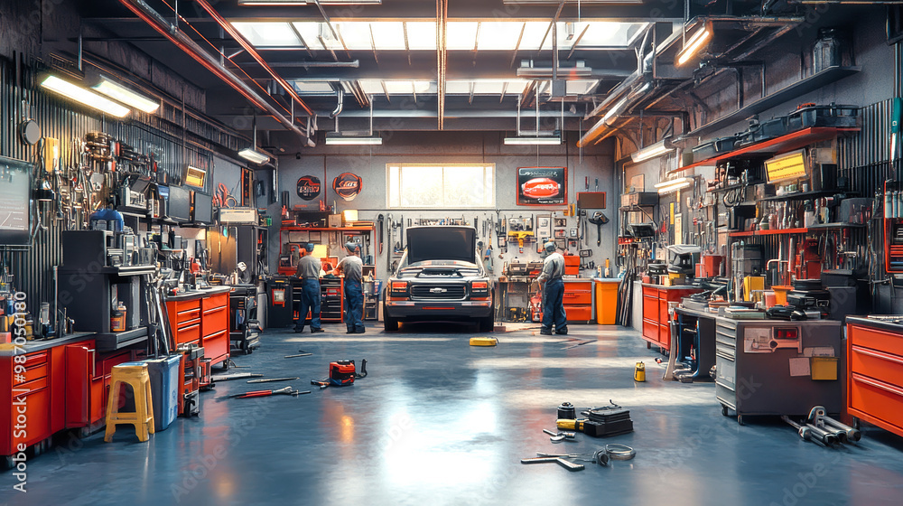 Busy mechanics skillfully repair cars and trucks surrounded by a variety of tools and equipment in a lively auto repair shop filled with character Busy mechanics skillfully repair cars and trucks surrounded by a variety of tools and equipment in a lively auto repair shop filled with character