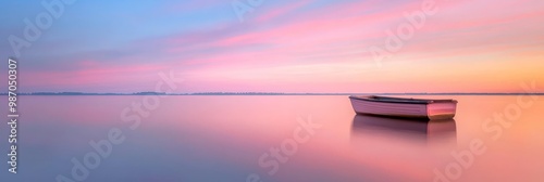  A boat atop tranquil water, surrounded by a pink and blue sky, dotted with clouds