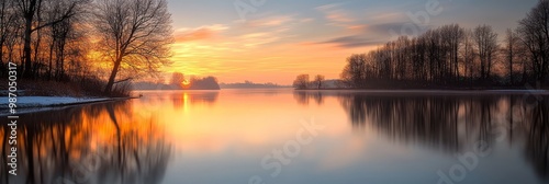  The sun sets over a lake, its surface mirroring the orange and red hues Trees line the foreground, their silhouettes stark against the backdrop A dusting