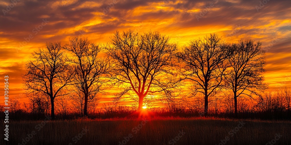 A sunset with trees silhouetted against a cloudy sky A sunset with trees silhouetted against a cloudy sky