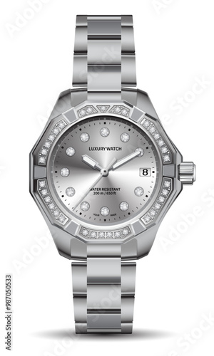 Realistic clock chronograph watch for men silver diamond design luxury elegant for men on white background vector