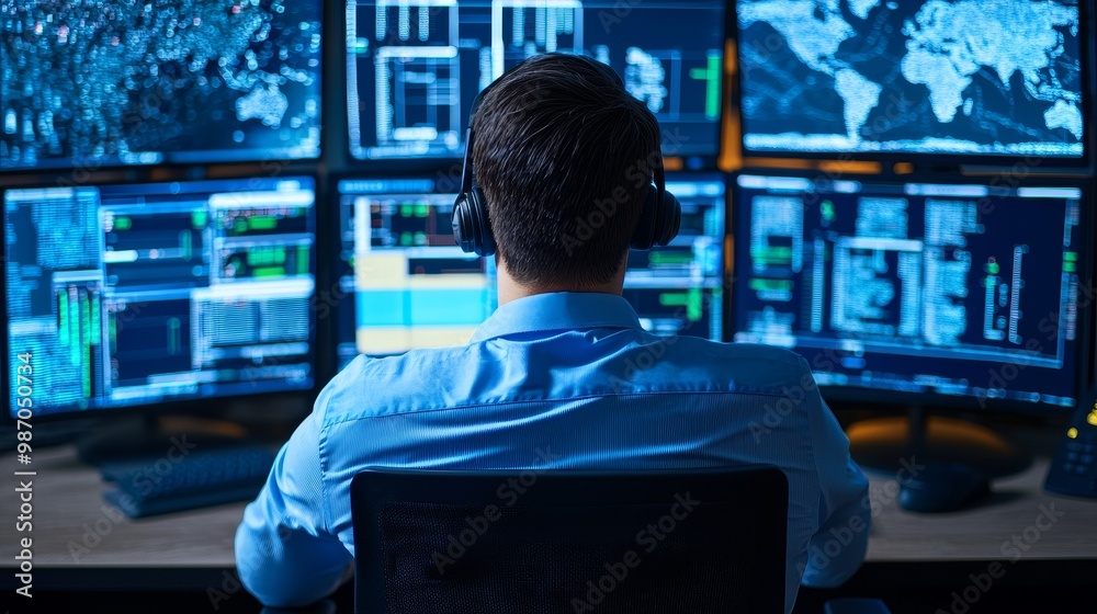 A person in a blue shirt monitors multiple screens, analyzing data in a dark, high-tech environment, using a headset. A person in a blue shirt monitors multiple screens, analyzing data in a dark, high-tech environment, using a headset.