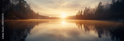  A body of water surrounded by trees with the sun shining through clouds in the sky is a scene of a body of water featuring trees in the foreground