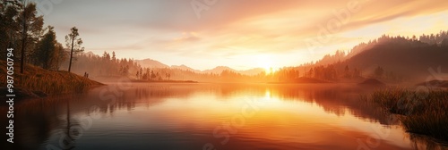  A sunsetting over a tranquil lake nestled among trees and towering mountains