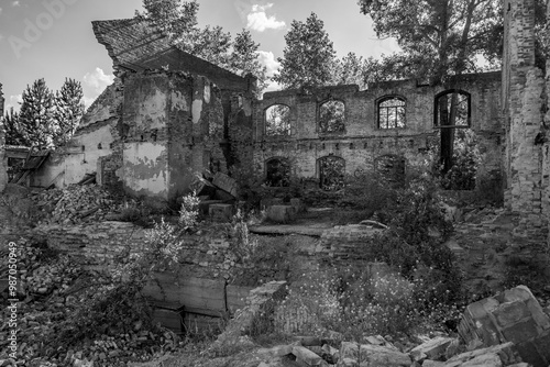 Ruins of an old house in the village. Black and white photo.