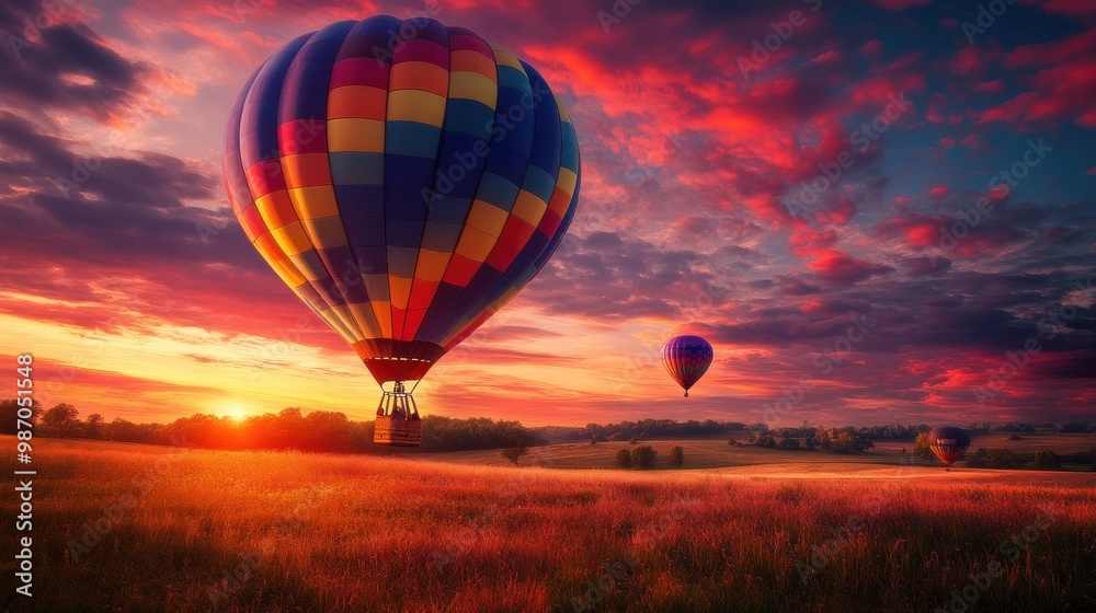 Fototapeta premium colorful hot air balloon soaring against a dramatic sky during sunset
