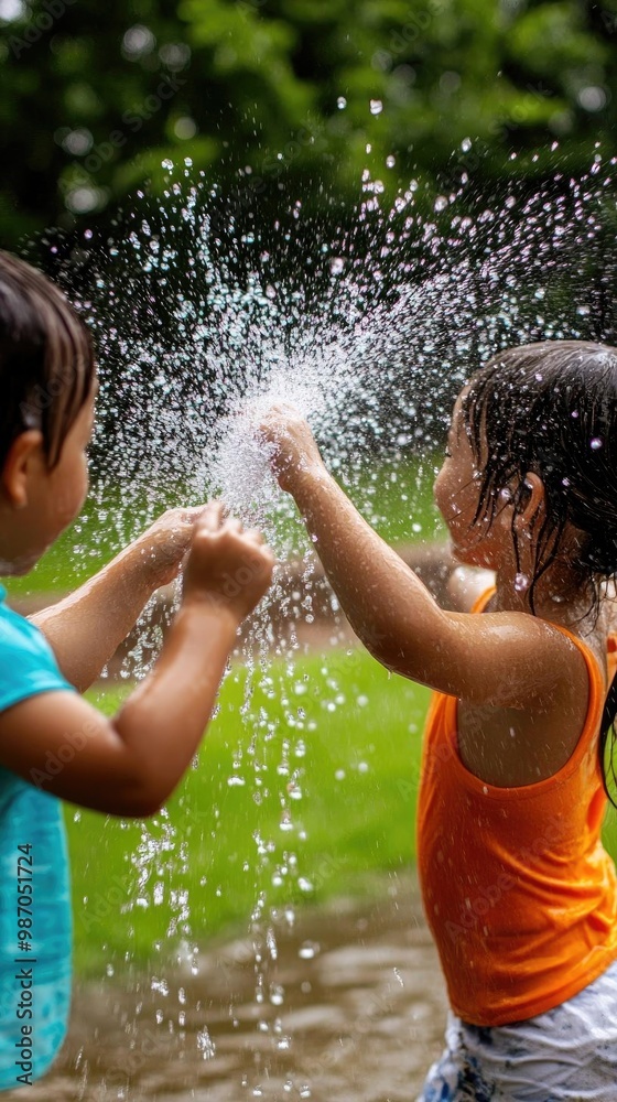 Fototapeta premium Two children play joyfully in water, creating splashes under the sun, embodying the spirit of summer fun and carefree childhood.