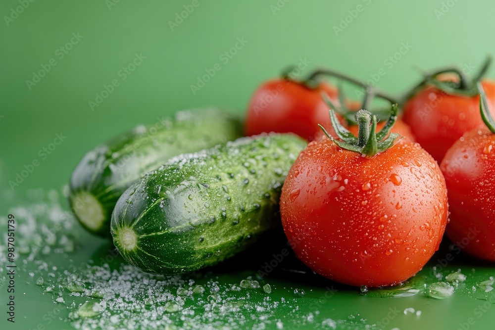 the freshest cucumbers and tomatoes for salad on a green background , ai