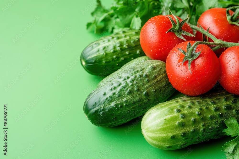 the freshest cucumbers and tomatoes for salad on a green background , ai the freshest cucumbers and tomatoes for salad on a green background , ai