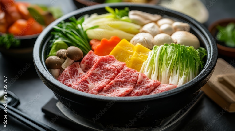 Delicious Japanese hot pot with fresh vegetables and thinly sliced beef. Perfect meal for a cozy evening. Delicious Japanese hot pot with fresh vegetables and thinly sliced beef. Perfect meal for a cozy evening.