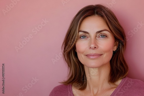 Confident mature woman with natural beauty and warm expression on pink background