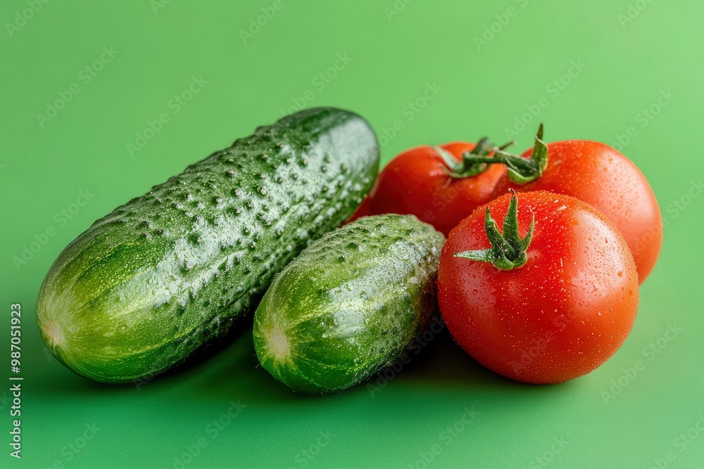 the freshest cucumbers and tomatoes for salad on a green background , ai the freshest cucumbers and tomatoes for salad on a green background , ai