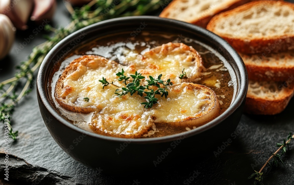 French Onion Soup with Toasted Bread and Melted Cheese French Onion Soup with Toasted Bread and Melted Cheese