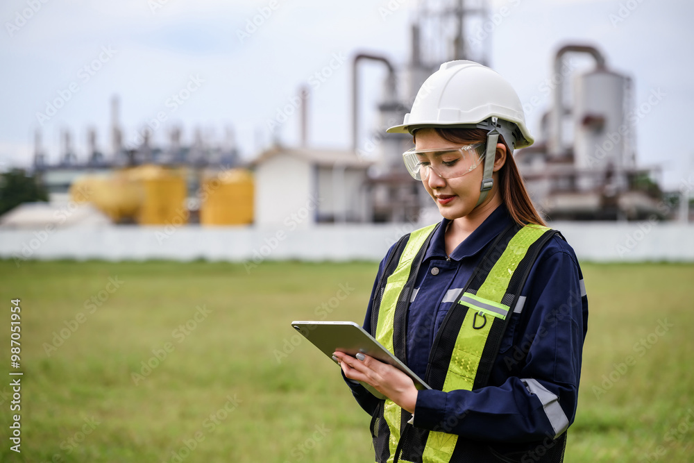 Fototapeta premium Asian female engineer, wearing a helmet, safety goggles, and a reflective vest, is using a tablet while standing at an industrial site. Machinery and pipes are visible in the background.