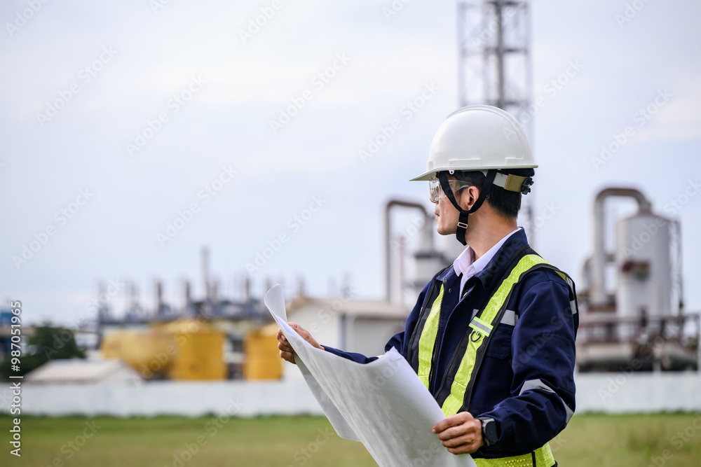 An engineer, wearing a helmet, safety goggles, and a reflective vest, reviews blueprints while kneeling at an industrial site. Machinery and piping structures are visible in the background An engineer, wearing a helmet, safety goggles, and a reflective vest, reviews blueprints while kneeling at an industrial site. Machinery and piping structures are visible in the background