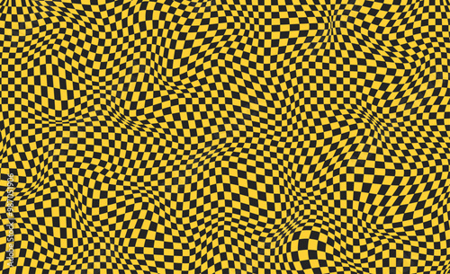 Yellow and black checkered wavy pattern. Distorted geometric graphic background. Chessboard surface with warped effect. Abstract design for banner. Awry chess square pattern. Vector illustration