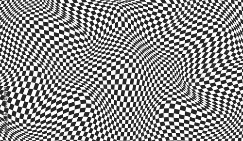 Distortion abstract banner. Checkered pattern surface. Black and white background. Checkered background with distortion effect. Distorted chessboard. Vector illustration.