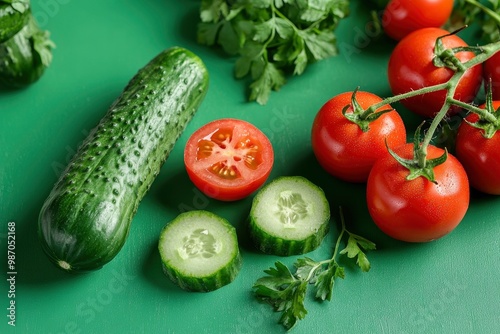 the freshest cucumbers and tomatoes for salad on a green background , ai