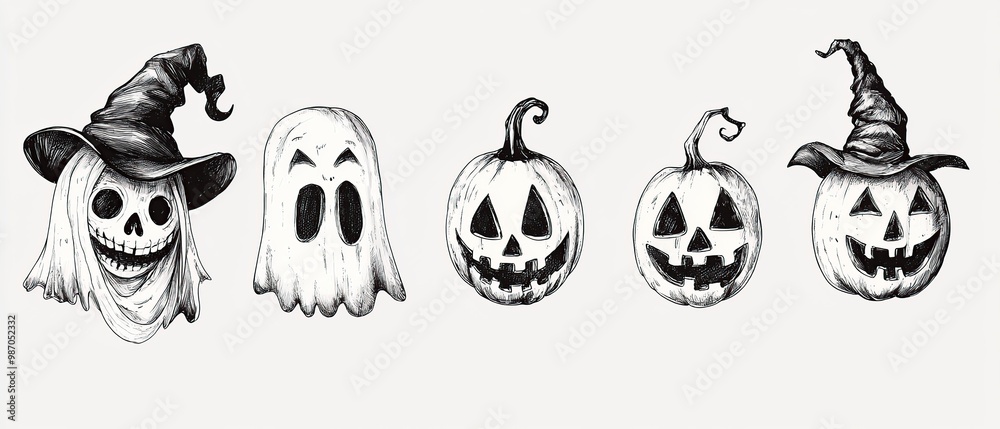 Hand-drawn illustration of Halloween characters, including a ghost, pumpkins, and a witch. Hand-drawn illustration of Halloween characters, including a ghost, pumpkins, and a witch.
