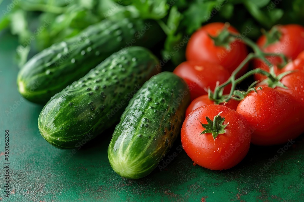 the freshest cucumbers and tomatoes for salad on a green background , ai the freshest cucumbers and tomatoes for salad on a green background , ai
