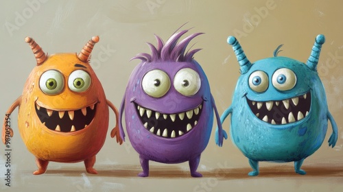 Adorable cartoon monsters with playful smiles, capturing the magical essence of childhood creativity.