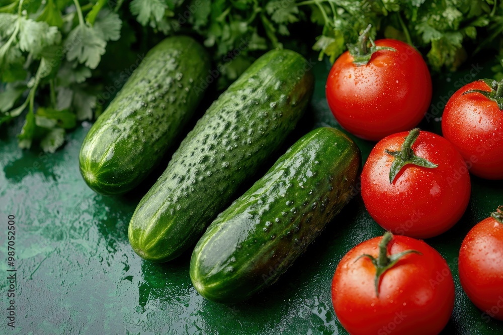 the freshest cucumbers and tomatoes for salad on a green background , ai the freshest cucumbers and tomatoes for salad on a green background , ai