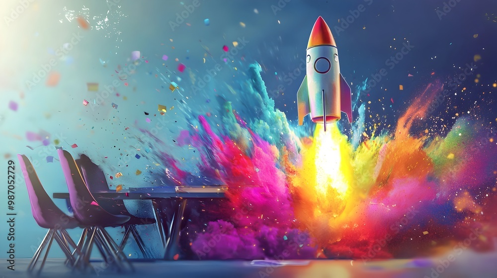 Obraz premium Colorful Swirling Rocket of Ideas Launching from Business Conference Table,Start-up Concept