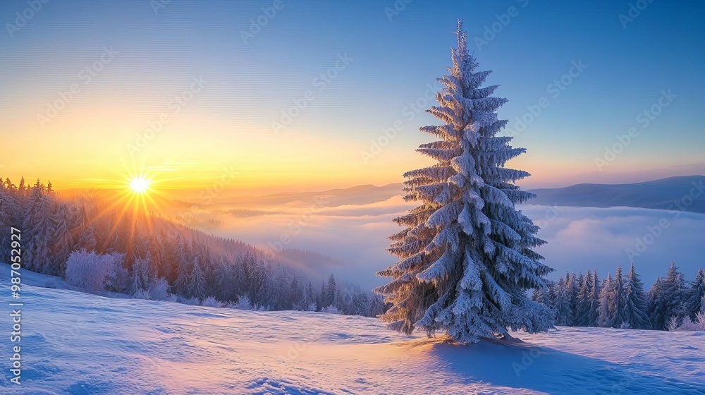 Frozen Norway spruce tree stands tall and proud against the sunrise in the Bavarian forest on Mount Arber, Bavaria, Germany. Frozen Norway spruce tree stands tall and proud against the sunrise in the Bavarian forest on Mount Arber, Bavaria, Germany.