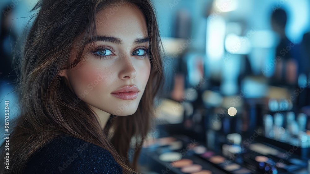 Elegant woman with perfect makeup, sitting in a professional makeup studio. Soft lighting enhances her natural beauty. Elegant woman with perfect makeup, sitting in a professional makeup studio. Soft lighting enhances her natural beauty.