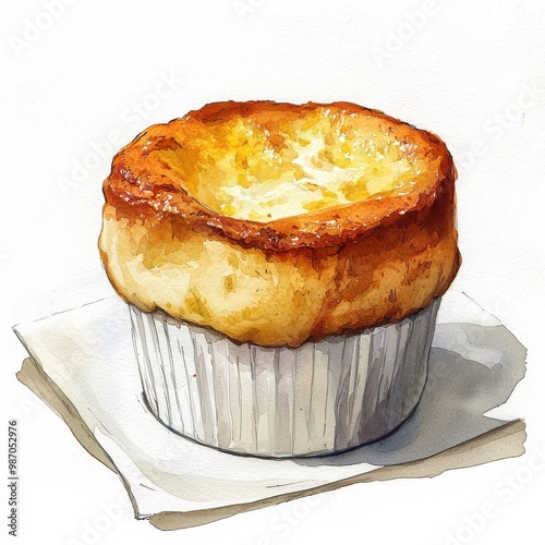 Watercolor illustration of soufflé isolated on a white background, adding a sophisticated and artistic flair.