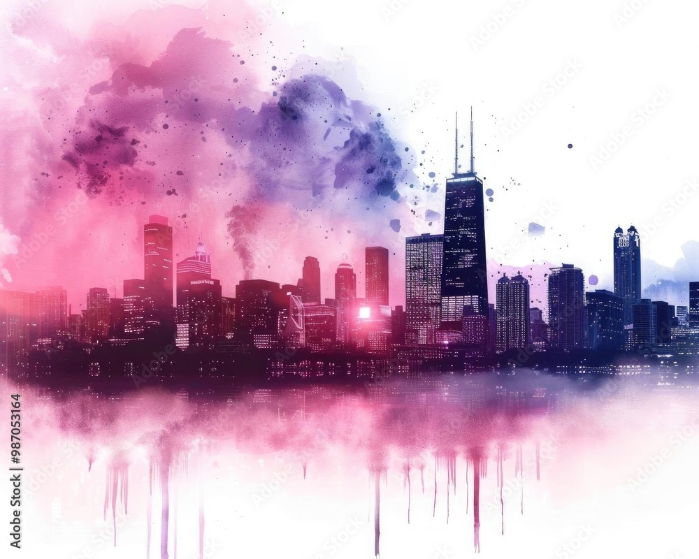 Obraz premium Vibrant skyline of a city illuminated by colorful hues, combining modern architecture with an artistic touch of watercolor.