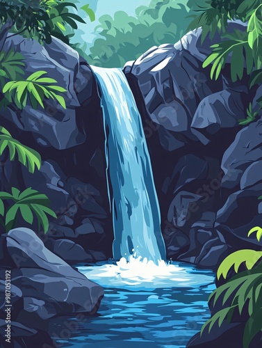 Waterfall surrounded by lush vegetation photo